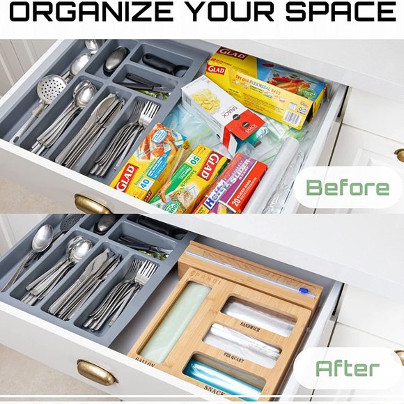 Panoi Bamboo Ziplock Bag Storage Organizer Set & Wrap Dispenser w/ Slide Cutter - Picture 6 of 8